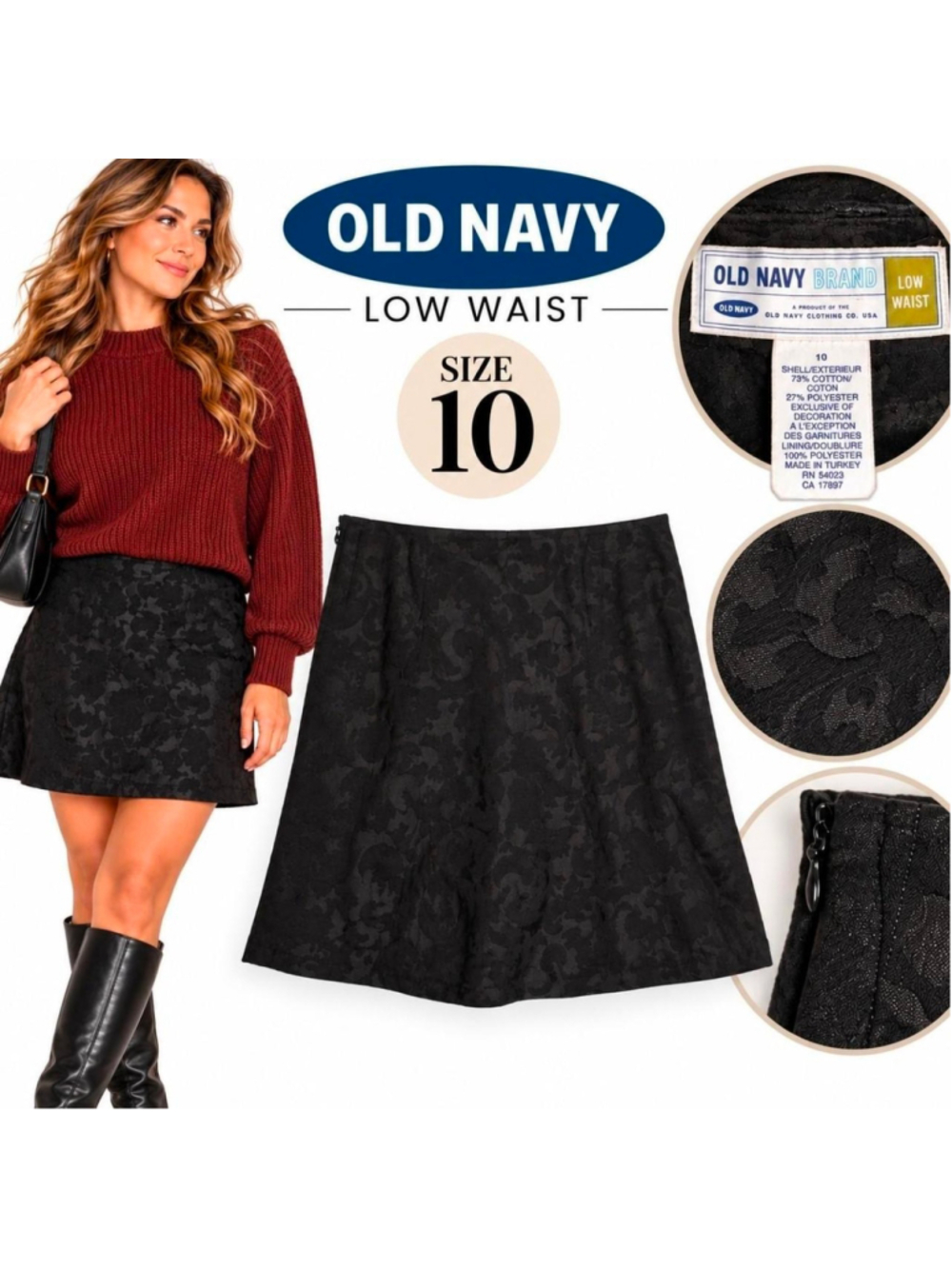 Old Navy Vintage Black Floral Jacquard Low Waist A-Line Mini Skirt Size 10